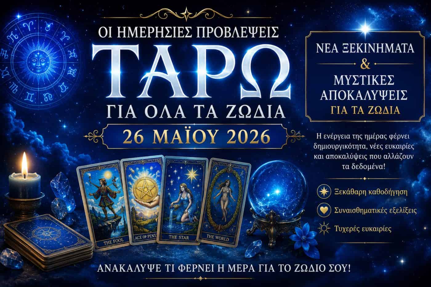 Οι ημερήσιες προβλέψεις Ταρώ για τις 26 Μαΐου 2026 — Νέα Ξεκινήματα και Μυστικές Αποκαλύψεις για τα Ζώδια