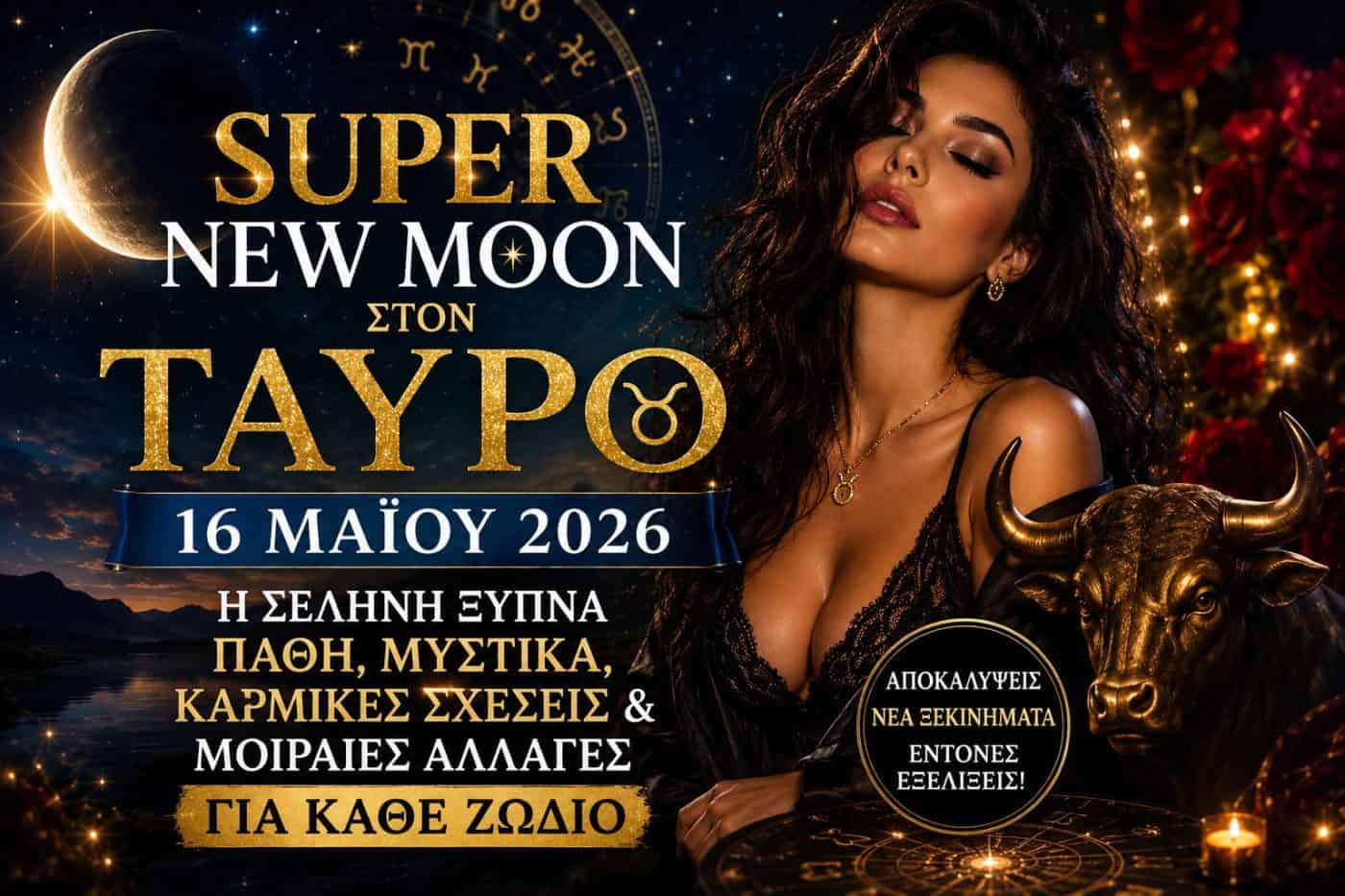 Super New Moon στον Ταύρο 16 Μαΐου 2026: Η Σελήνη Ξυπνά Πάθη, Μυστικά, Καρμικές Σχέσεις & Μοιραίες Αλλαγές για Κάθε Ζώδιο