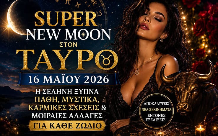 Super New Moon στον Ταύρο 16 Μαΐου 2026: Η Σελήνη Ξυπνά Πάθη, Μυστικά, Καρμικές Σχέσεις & Μοιραίες Αλλαγές για Κάθε Ζώδιο