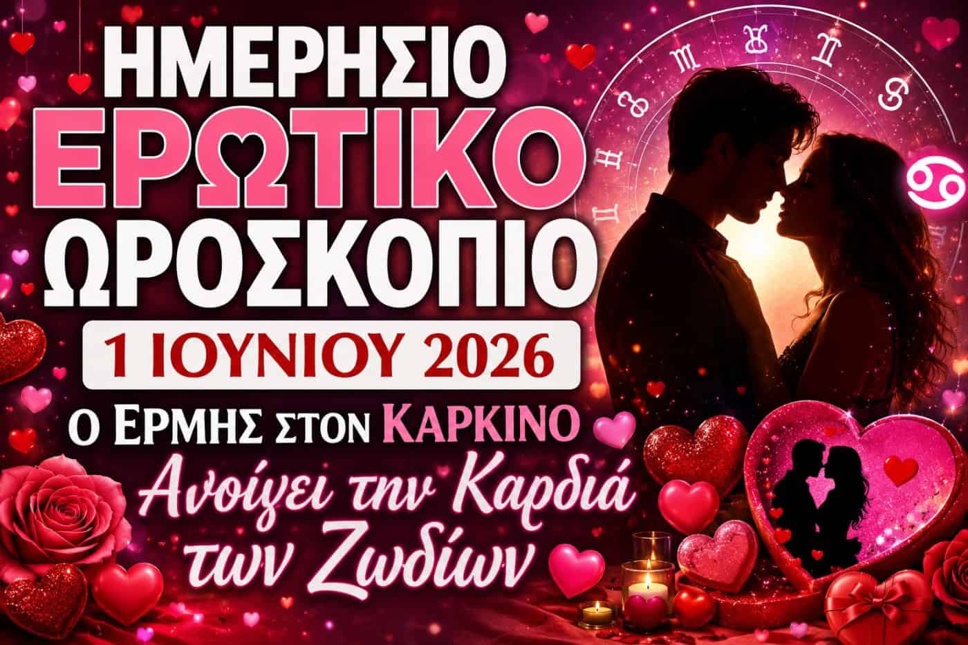 Ημερήσιο Ερωτικό Ωροσκόπιο 1 Ιουνίου 2026: Ο Ερμής στον Καρκίνο Ανοίγει την Καρδιά των Ζωδίων