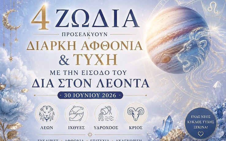 4 ζώδια προσελκύουν διαρκή αφθονία και τύχη με την είσοδο του Δία στον Λέοντα στις 30 Ιουνίου 2026