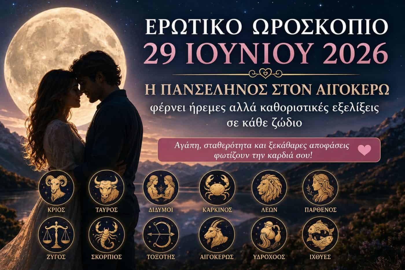 Ερωτικό ωροσκόπιο 29 Ιουνίου 2026: Η Πανσέληνος στον Αιγόκερω φέρνει σημαντικές αποκαλύψεις στην αγάπη