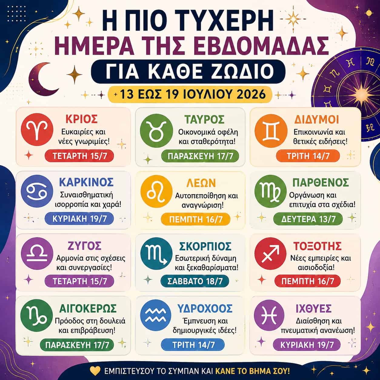 Η πιο τυχερή ημέρα της εβδομάδας για κάθε ζώδιο από 13 έως 19 Ιουλίου 2026