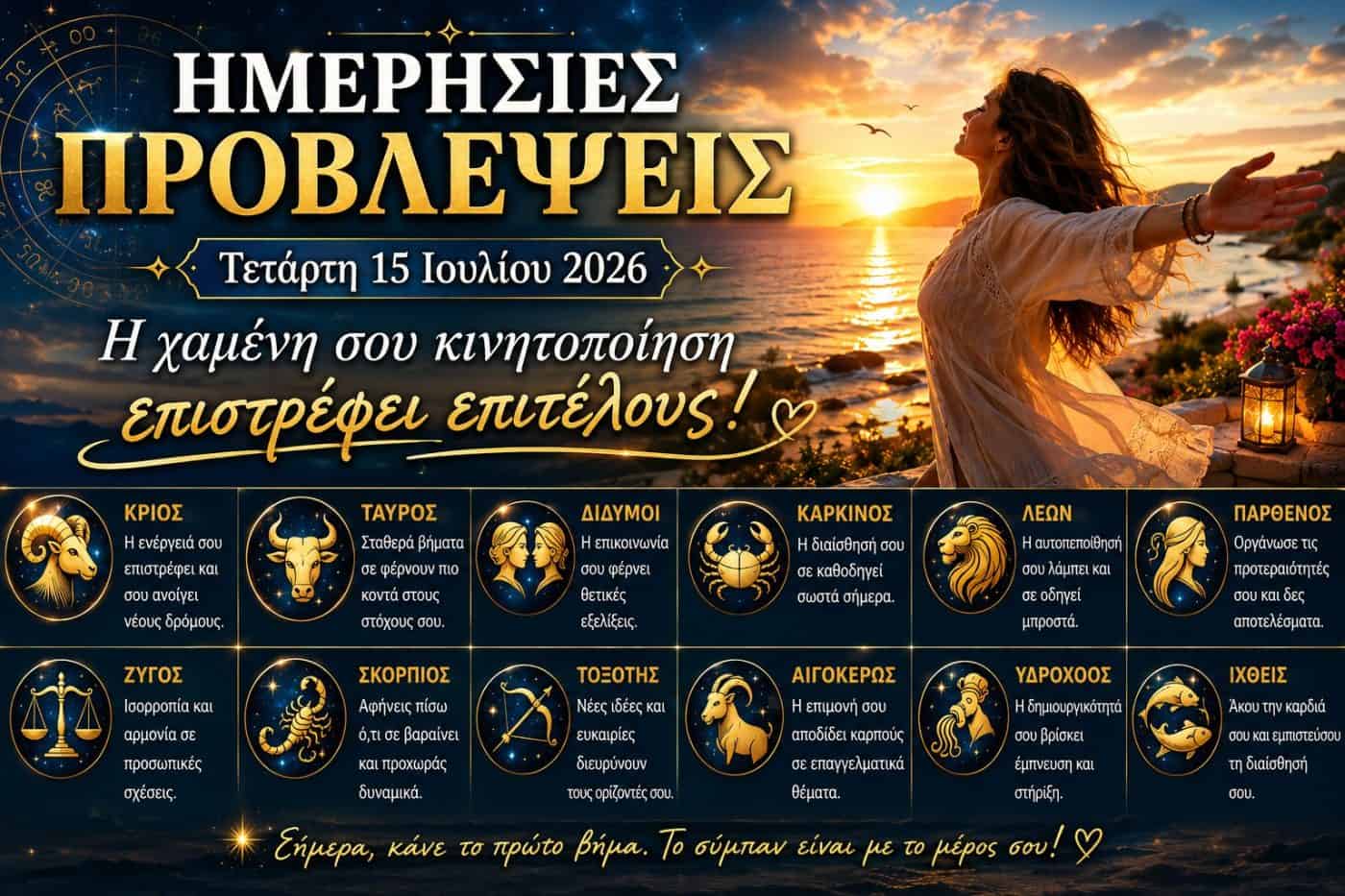 Ημερήσιες προβλέψεις για κάθε ζώδιο την Τετάρτη 15 Ιουλίου 2026: Η χαμένη σου κινητοποίηση επιστρέφει επιτέλους