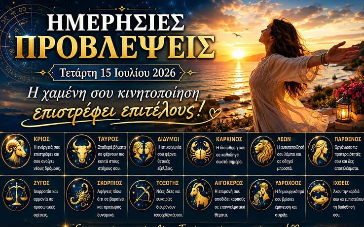 Ημερήσιες προβλέψεις για κάθε ζώδιο την Τετάρτη 15 Ιουλίου 2026: Η χαμένη σου κινητοποίηση επιστρέφει επιτέλους