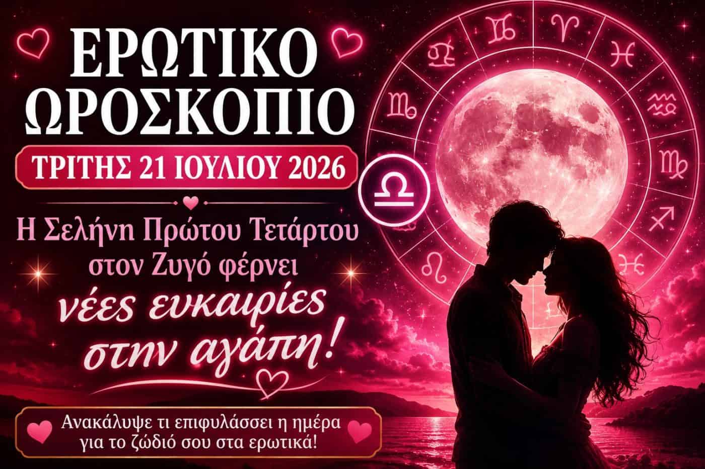 Ερωτικό ωροσκόπιο Τρίτης 21 Ιουλίου 2026: Η Σελήνη πρώτου τετάρτου στον Ζυγό φέρνει ισορροπία και νέα ξεκινήματα στην αγάπη