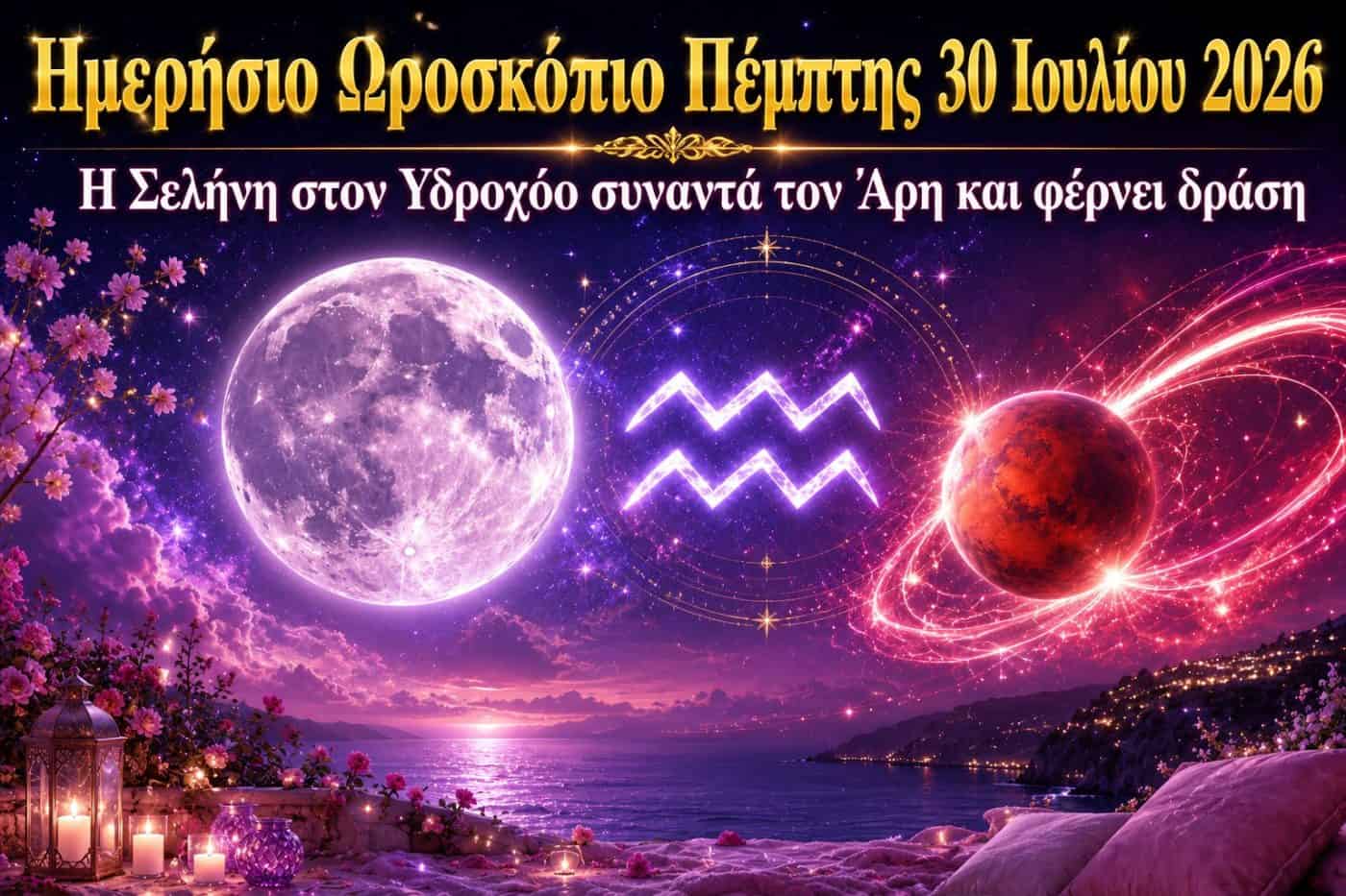 Ημερήσιο Ωροσκόπιο Πέμπτης 30 Ιουλίου 2026: Η Σελήνη στον Υδροχόο συναντά τον Άρη και φέρνει δράση
