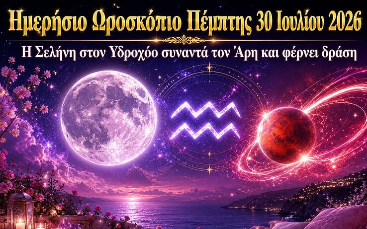Ημερήσιο Ωροσκόπιο Πέμπτης 30 Ιουλίου 2026: Η Σελήνη στον Υδροχόο συναντά τον Άρη και φέρνει δράση