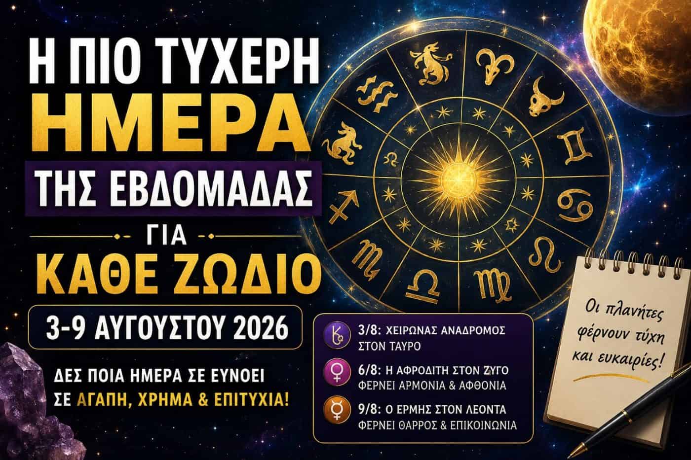 Η πιο τυχερή ημέρα της εβδομάδας για κάθε ζώδιο από 3 έως 9 Αυγούστου 2026