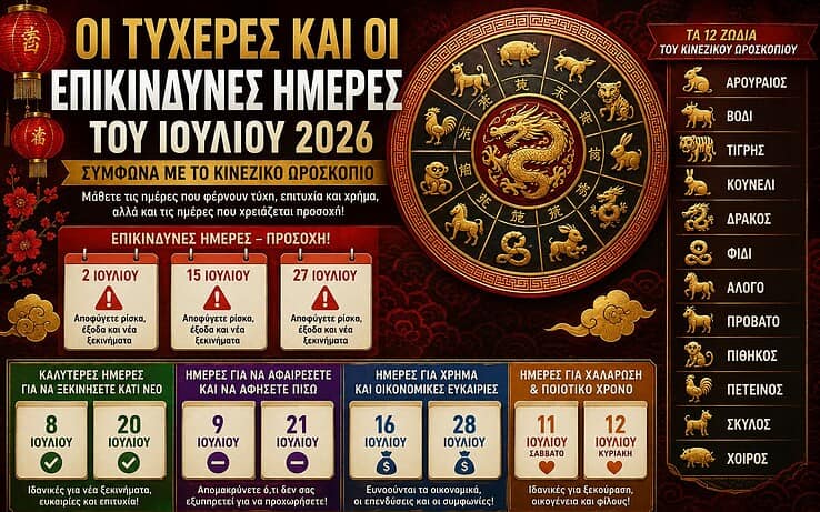 Οι τυχερές και οι επικίνδυνες ημέρες του Ιουλίου 2026 σύμφωνα με το Κινέζικο Ωροσκόπιο