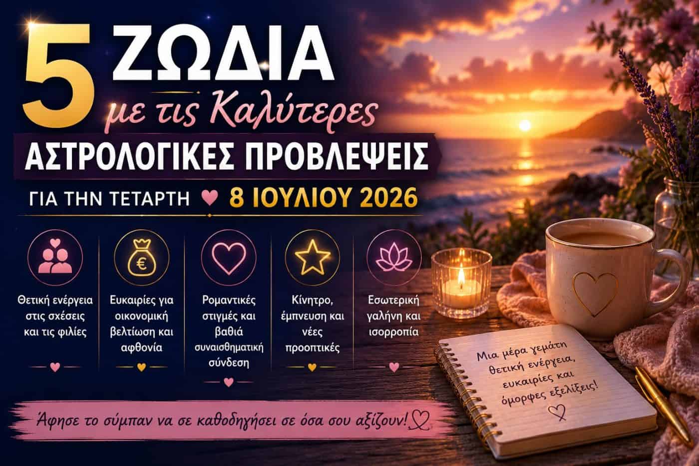 Τα 5 ζώδια με τις καλύτερες αστρολογικές προβλέψεις για την Τετάρτη 8 Ιουλίου 2026