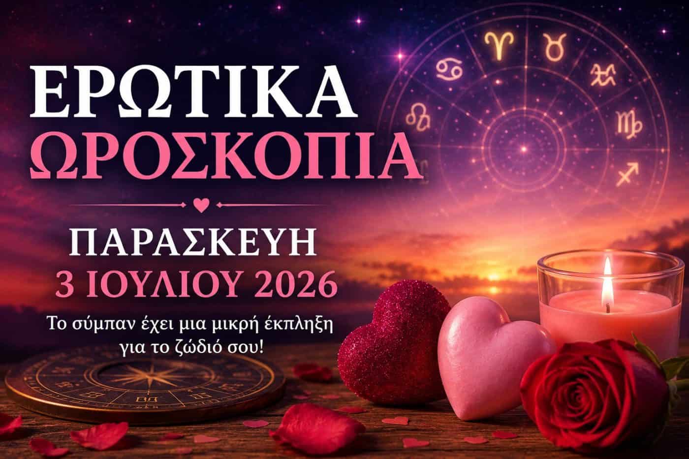 Ερωτικά Ωροσκόπια για την Παρασκευή 3 Ιουλίου 2026: Το σύμπαν επιφυλάσσει μια απρόσμενη έκπληξη για κάθε ζώδιο