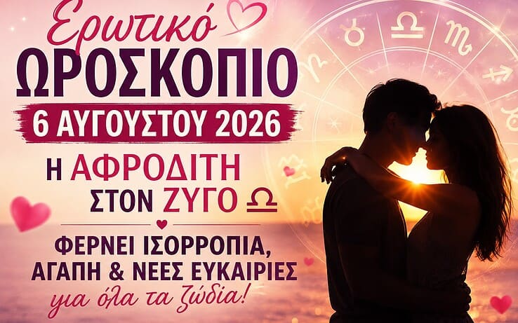 Ερωτικό Ωροσκόπιο Πέμπτης 6 Αυγούστου 2026: Η Αφροδίτη περνά στον Ζυγό και φέρνει αρμονία στις σχέσεις