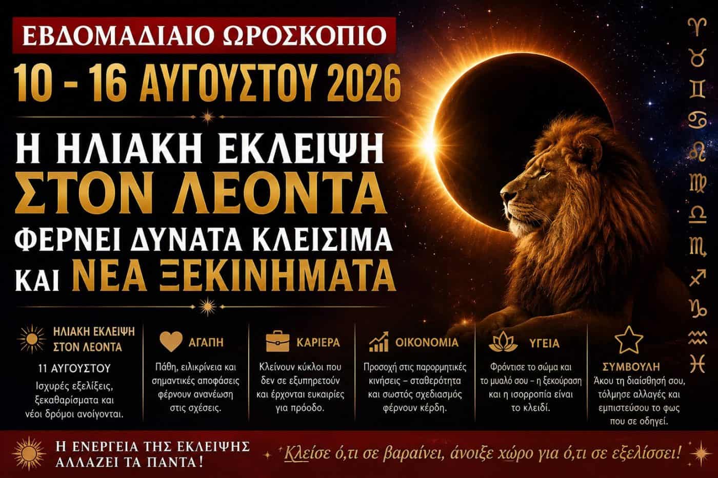 Εβδομαδιαίο Ωροσκόπιο 10 – 16 Αυγούστου 2026: Η Ηλιακή Έκλειψη στον Λέοντα φέρνει δυνατά κλεισίματα και νέα ξεκινήματα