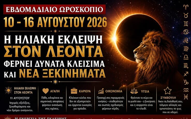 Εβδομαδιαίο Ωροσκόπιο 10 – 16 Αυγούστου 2026: Η Ηλιακή Έκλειψη στον Λέοντα φέρνει δυνατά κλεισίματα και νέα ξεκινήματα
