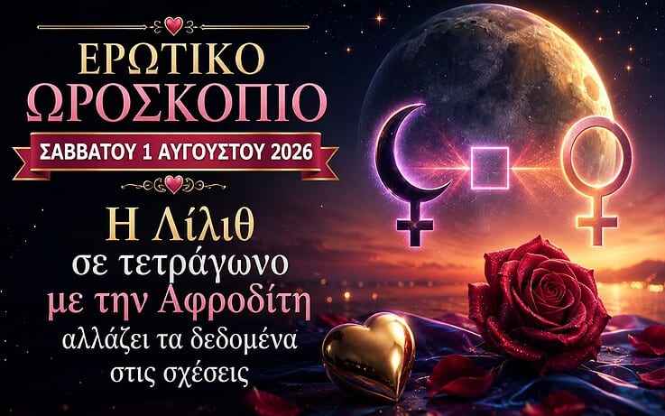 Ερωτικό Ωροσκόπιο Σαββάτου 1 Αυγούστου 2026: Η Λίλιθ σε τετράγωνο με την Αφροδίτη αλλάζει τα δεδομένα στις σχέσεις