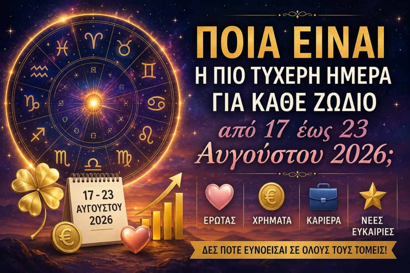 Η πιο τυχερή ημέρα της εβδομάδας για κάθε ζώδιο, 17–23 Αυγούστου 2026