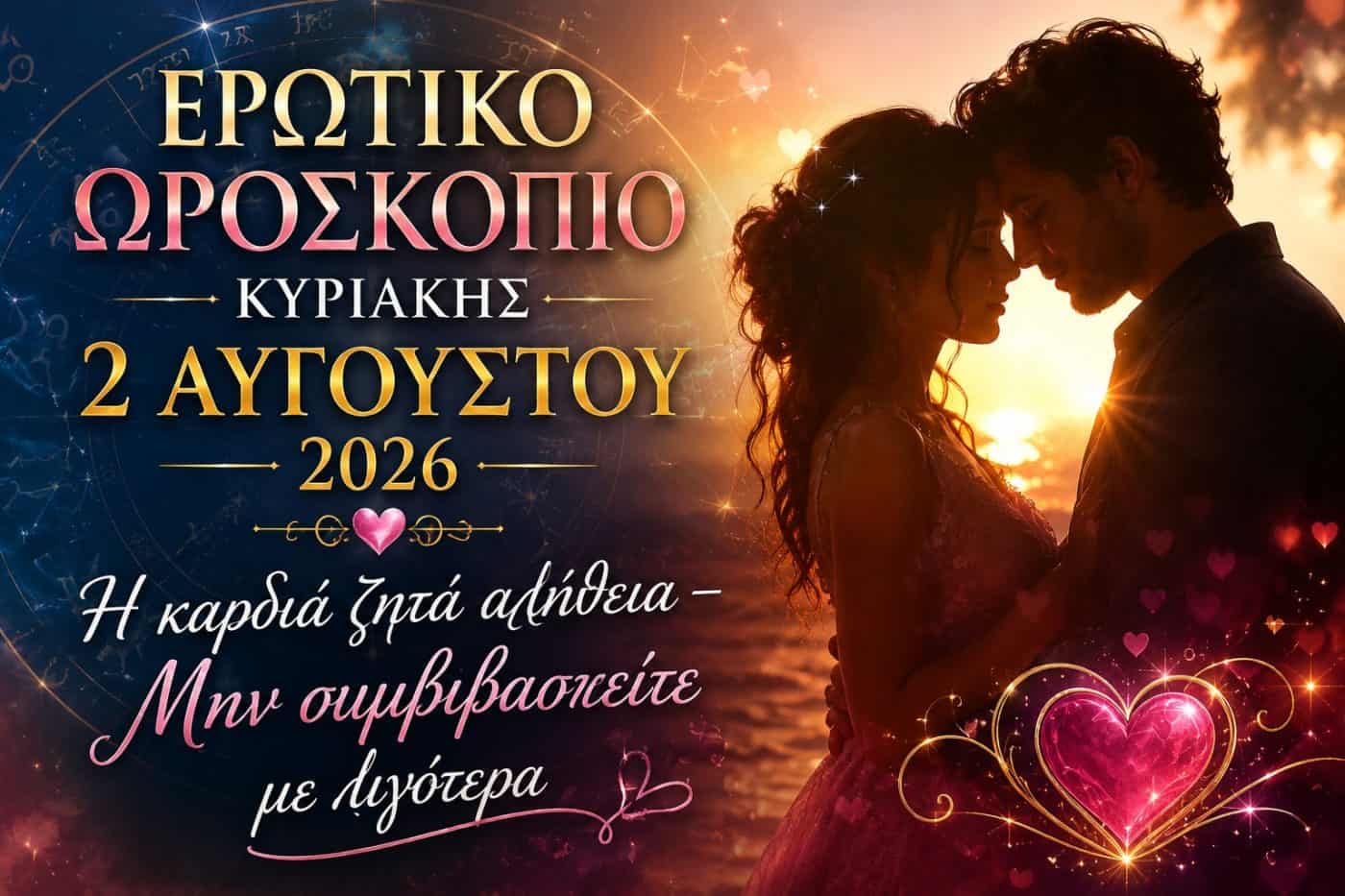 Ερωτικό Ωροσκόπιο Κυριακής 2 Αυγούστου 2026: Η καρδιά ζητά αλήθεια – Μην συμβιβαστείτε με λιγότερα