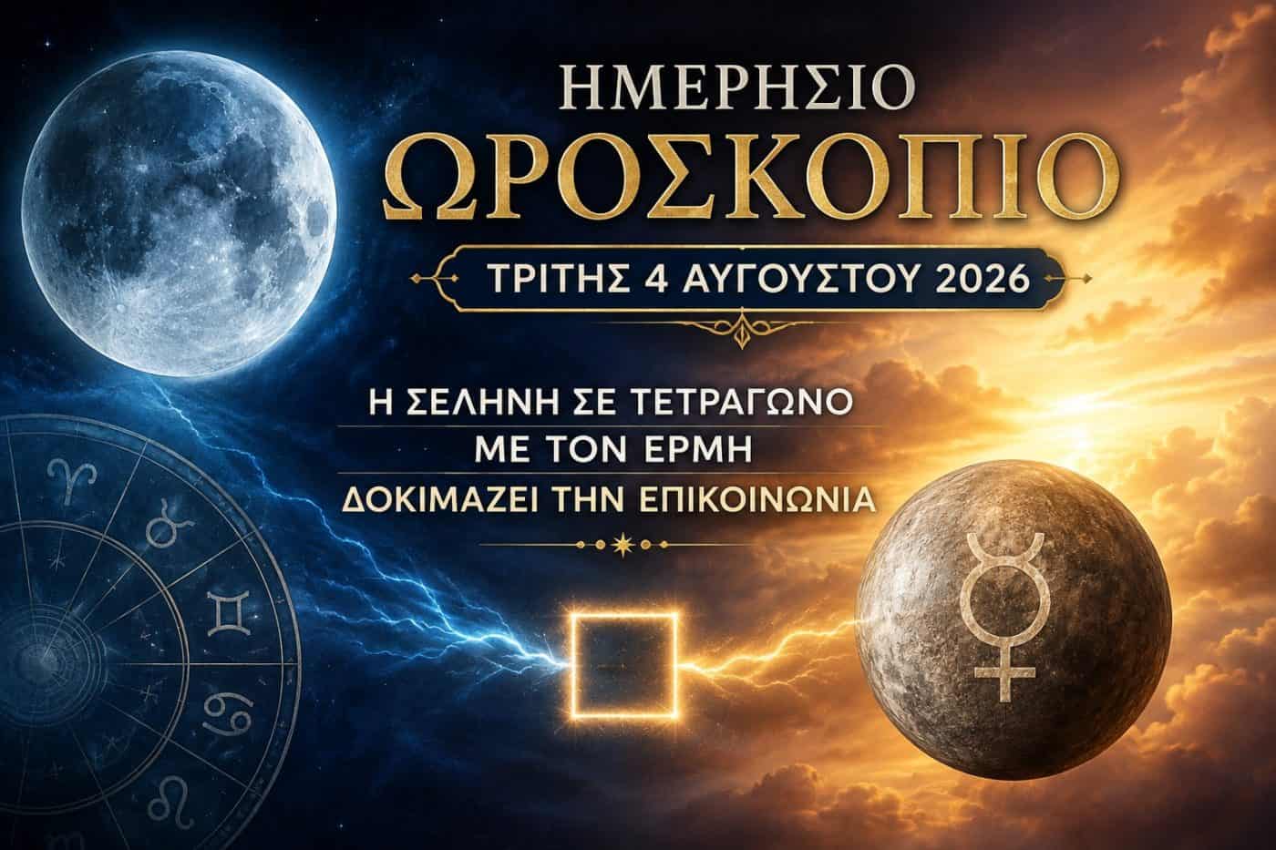 Ημερήσιο Ωροσκόπιο Τρίτης 4 Αυγούστου 2026: Η Σελήνη σε τετράγωνο με τον Ερμή δοκιμάζει την επικοινωνία
