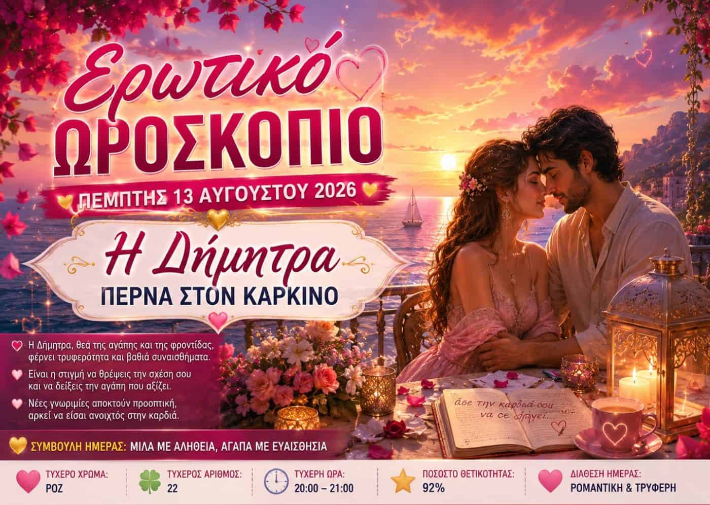 Ερωτικό Ωροσκόπιο Πέμπτης 13 Αυγούστου 2026: Η Δήμητρα περνά στον Καρκίνο