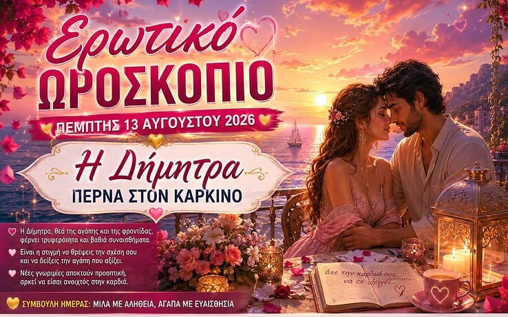 Ερωτικό Ωροσκόπιο Πέμπτης 13 Αυγούστου 2026: Η Δήμητρα περνά στον Καρκίνο