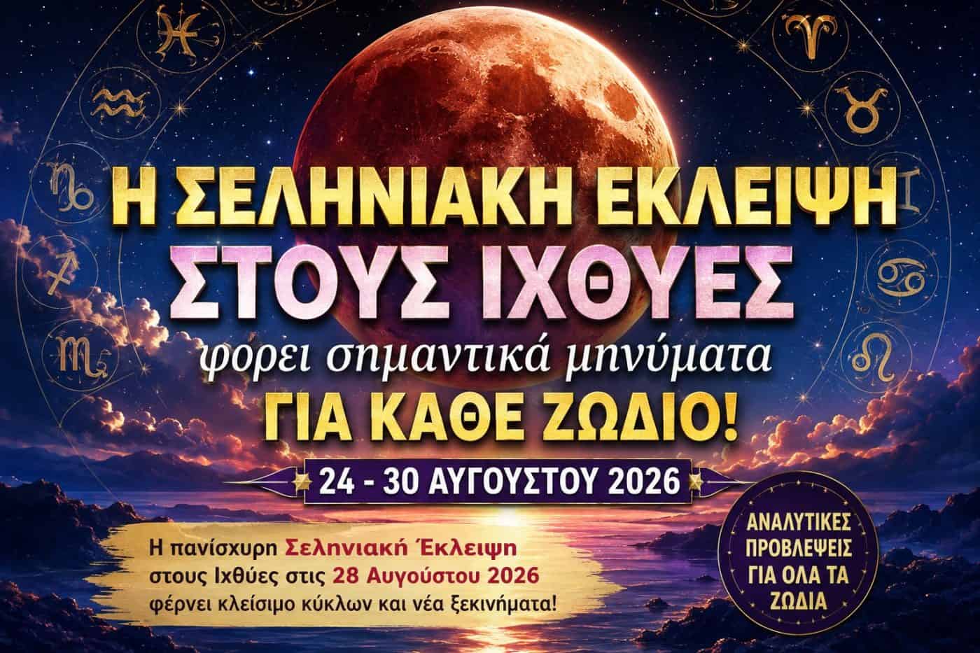 Η Σεληνιακή Έκλειψη στους Ιχθύες φέρνει σημαντικά μηνύματα για κάθε ζώδιο (24–30 Αυγούστου 2026)