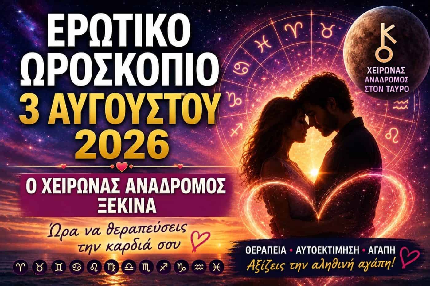 Ερωτικό Ωροσκόπιο 3 Αυγούστου 2026:Τα ζώδια καλούνται να θεραπεύσουν παλιές ερωτικές πληγές