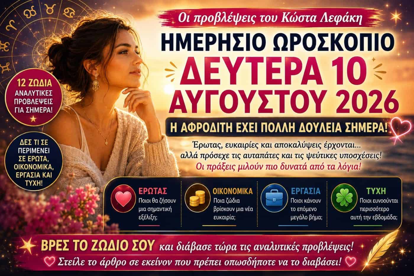 Ημερήσιο Ωροσκόπιο Δευτέρας 10 Αυγούστου 2026: Η Αφροδίτη φέρνει έρωτα, αποκαλύψεις και… ξεκαθαρίσματα