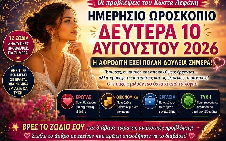 Ημερήσιο Ωροσκόπιο Δευτέρας 10 Αυγούστου 2026: Η Αφροδίτη φέρνει έρωτα, αποκαλύψεις και… ξεκαθαρίσματα